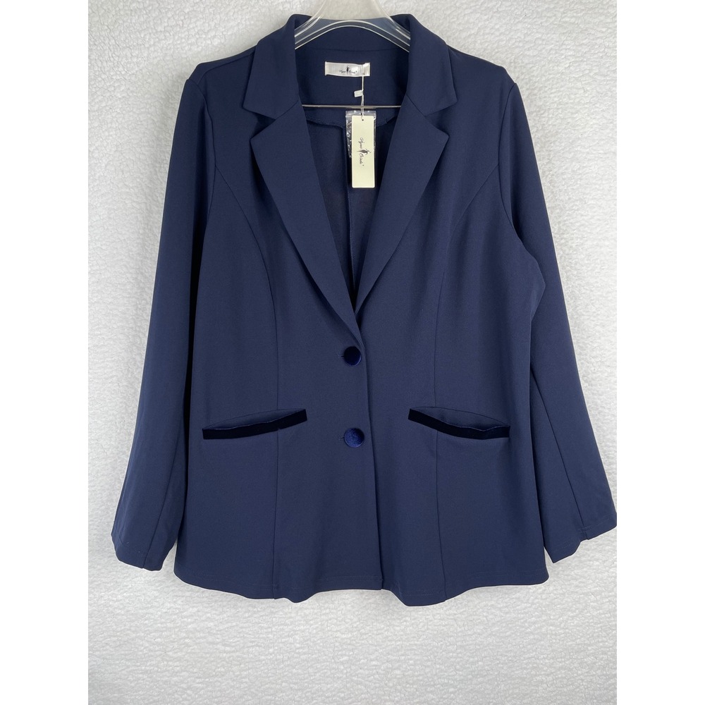 Agnes Orinda Womens Plus Size 1X Navy Blue Velvet Trim Two Button Blazer NWT